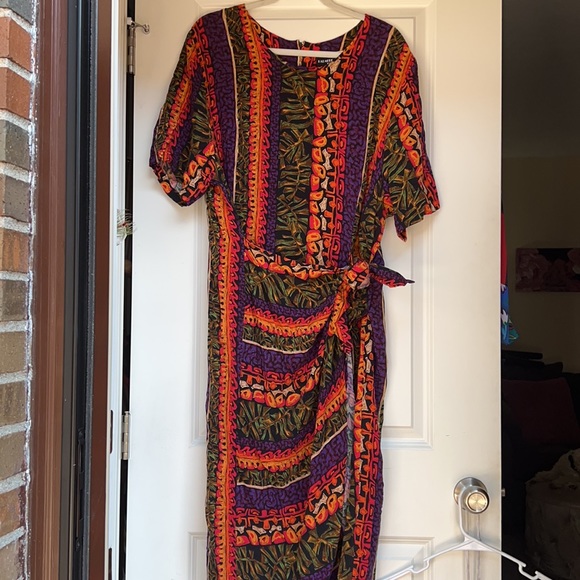 Vibrant gorgeous vintage wrap around maxi dress multicolor tropical tribal print - Picture 8 of 10